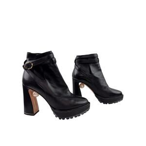 Nicholas Kirkwood Platform Booties 38 Black Leather Pearl Block Heel Ankle Boot